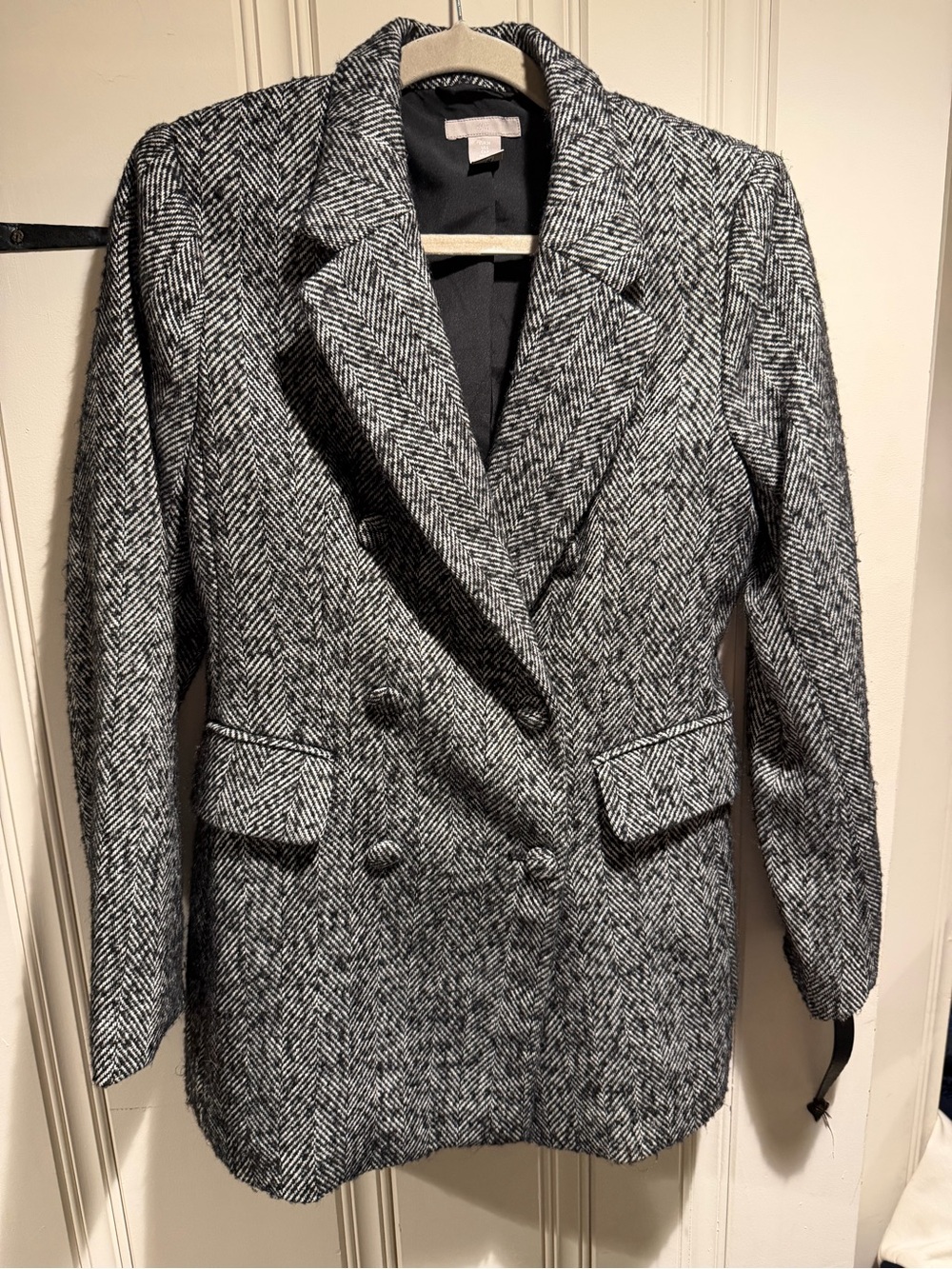 H&M Tweed Double Breasted Blazer Black & White Herringbone size Small